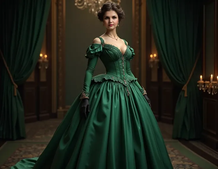  create an image dressed in a green Victorian outfit with a wide skirt , with a green corset and with black gloves  