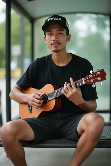 Handsome clean-faced Indonesian man wearing shorts wearing flip flops wearing black t-shirt wearing baseball cap with dhegol reading playing ukulele guitar while sitting at bus stop face appears looking at camera