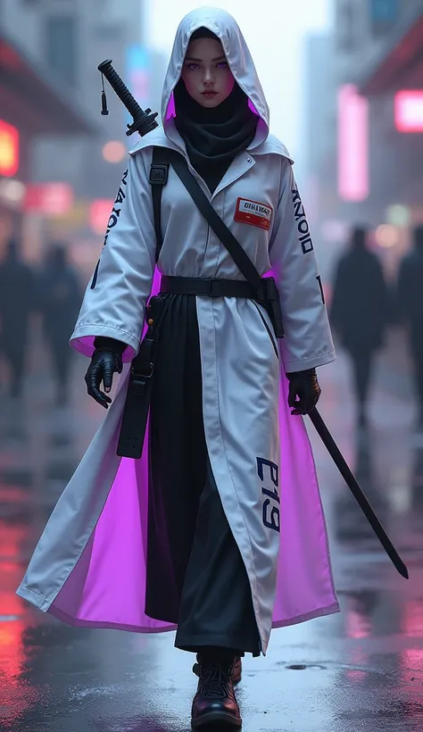 a female like ninja around age 15, Muslim niqabis close her face, No hair. wearing tech cloak, cloak white combine with purple glowing color. purple eye color, white skin tone. add Mata Dragon roman text on cloak, slim body, holding katana, cyberpunk, medi...