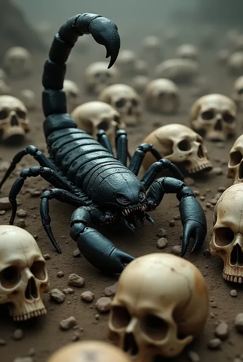 Deadly scorpion surrounded by human skulls