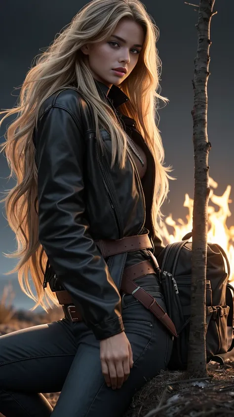 An ultra hot gorgeous European woman, age 23. She’s a playmate and men magazine supermodel. Long wavy blond hair, messy wind blown hair, Full body, sitting by a campfire, wearing brown leather coat, dark blue jeans, (extremely detailed 8k wallpaper), mood ...