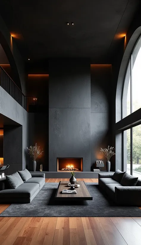 A spacious, modern living room with black stone walls matching the exterior. Large floor-to-ceiling arched windows allow soft, natural light to fill the room. Sleek, minimalistic black furniture sits on polished wood flooring, with a central fireplace made...