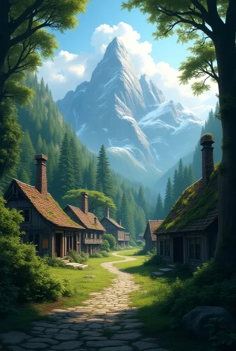 A forgotten village in the forest with mountains 