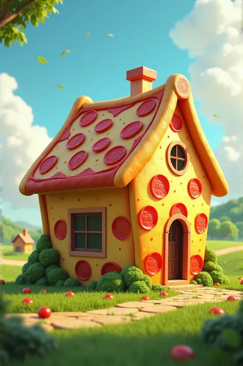  A house shaped like a giant pizza with windows as pepperoni slices.