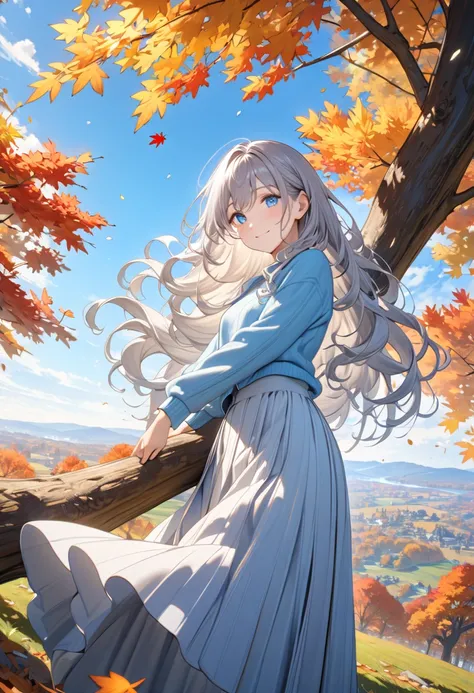 masterpiece, best quality, 8k, ultra detailed, 1 girl, silver wavy hair, long hair, light blue eyes, small breasts, autumn leaves fluttering in the air, cardigan, long skirt, boots, on the hill with beautiful view, autumn trees, blue sky, soft light, hangi...