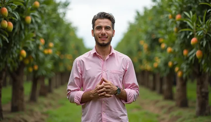 
"A large mango farm, with mango trees visible behind the presenter."

In other words, the scene is set on a spacious mango farm, where the mango trees can be seen in the background behind the person speaking (the presenter).