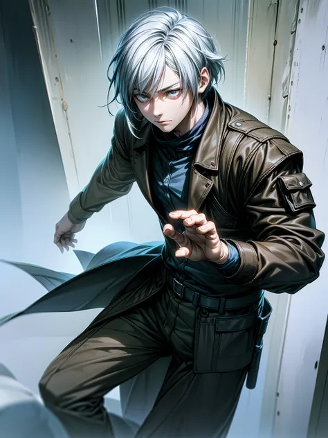  Young man with a calm expression and a confident look, fighting stance, white hair,  bright yellow eyes ,  position wearing brown shoulder holster with a cleaver, ((Kento-Nanami )),  wearing half-finger tactical gloves, military boots, black and gray clot...