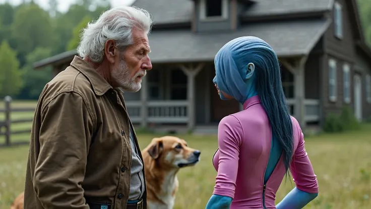 a sexy blue alien girl wearing pink shirt begging to an old man, a dog is also sitting there and there is a farm house in the background