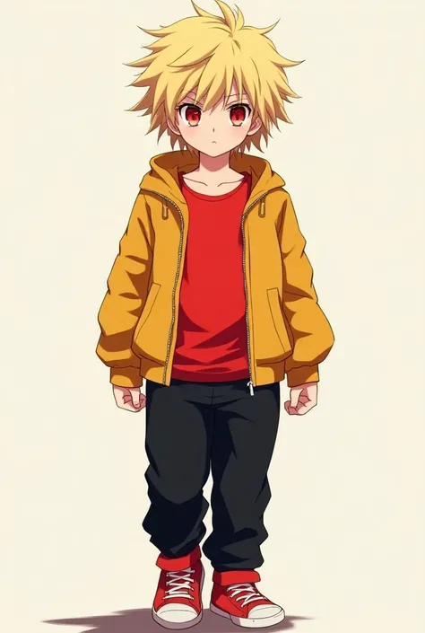  An anime-style image of a blond boy with shoulder-length hair with crimson red eyes wearing a gold jacket over a red t-shirt, black pants and red sneakers 