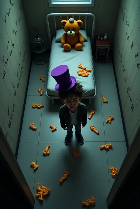 Asylum room with a  in the middle the boy is the one from FNAF 4 crying with a bed in the back with a teddy bear with a purple top hat and golden fur and with some Cheetos on the bed next to the stuffed animal, aerial view inside the room and on the walls ...