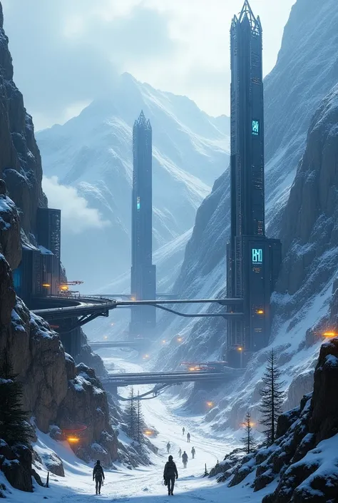 Cyberpunk city in snowy mountains with 50 ultra-modern skyscrapers in landscape mode 