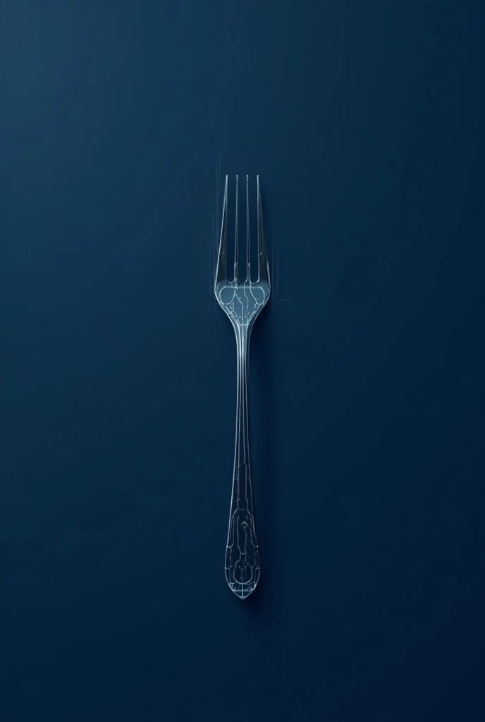 Minimalistic logo of a fork with a sleek handle that transitions into digital circuit lines extending outwards. The design should convey elegance and technology, with a blue color palette complemented by subtle silver or gray accents. The style should be m...