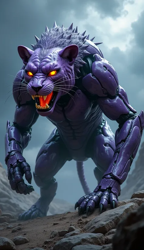 "Create a hybrid creature that combines features of both a jauar and a robotinto a single, monstrous entity. The creature should have the muscular, strong body  with purpul color light the fierce face and mane of a lion blending seamlessly into its form. I...