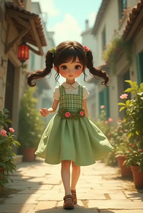  girl,  with long dark brown hair , and two pigtails ,  with light green and white checkered vintage dress with flower felt belt,  walking down a street 