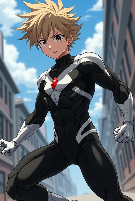 My Hero Academia Style  , Anime Boy, male, young male ,  full body shot ,(Combat Stance:1.3), short hair, light brown hair,   Brown Eyes  ,  small red jewel in the center of the chest , hero suit, Full Body Suit, black suit with white details, perfect anat...