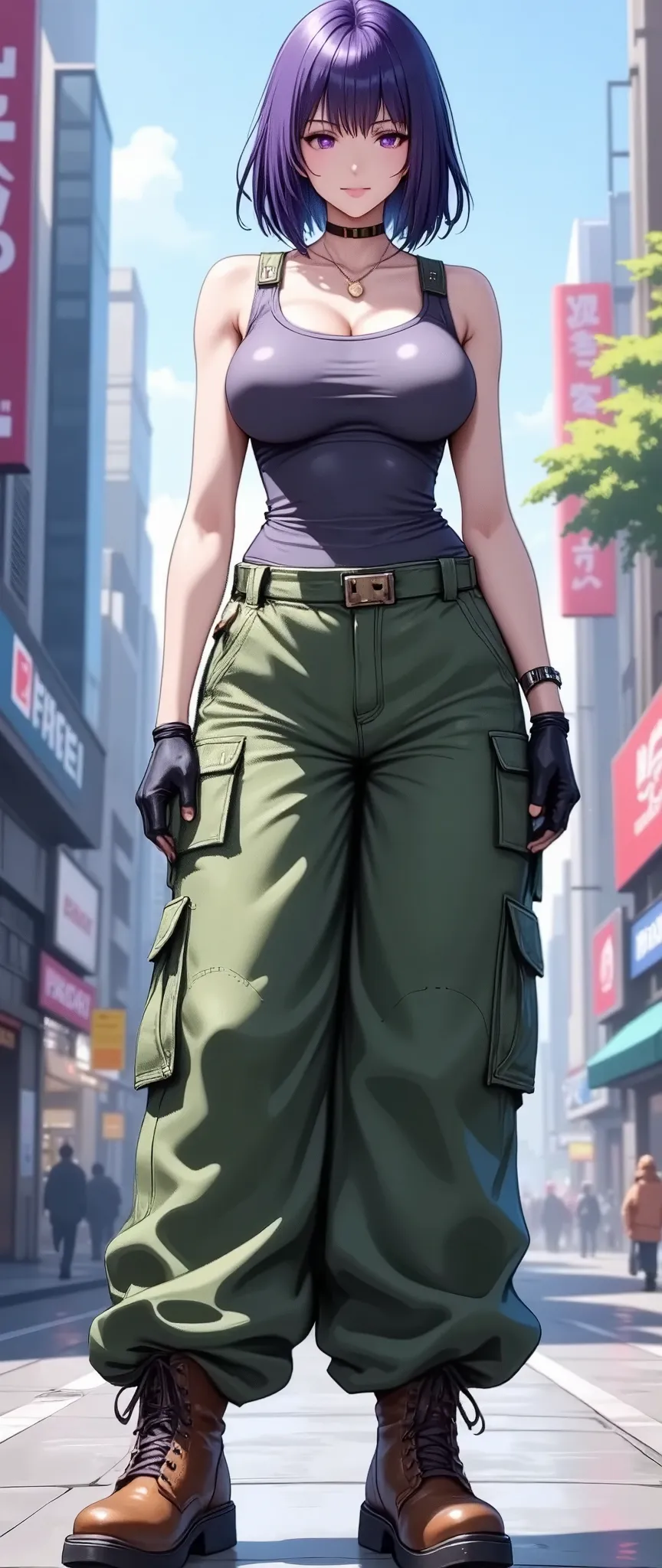 (masterpiece:1.2),(Best Quality),(Super detailed),( super high definition),( best illustration),8k, wallpaper, Beautiful Female Cyborg,whole body,Vector art,Layered Textures ,progressive,SF, Cyberpunk , Grey Tank Top ,green wide cargo pants, brown boots ,(The background is the downtown area of Cyber World)
