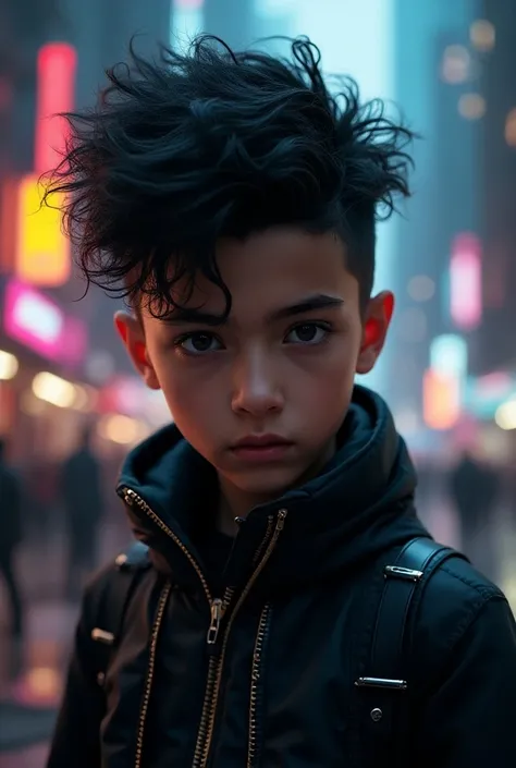 Cyberpunk boy with black hair curly 
