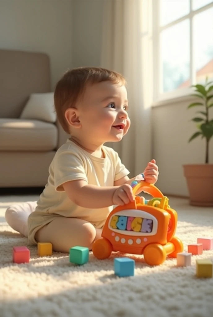 Two-year-old baby playing with mobile alphabet at home