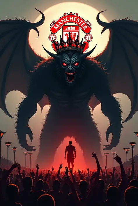  Manchester United is in the form of a demon with the crown of Queen Elizabeth, behind the English League, the fans and the Manchester United logo behind it