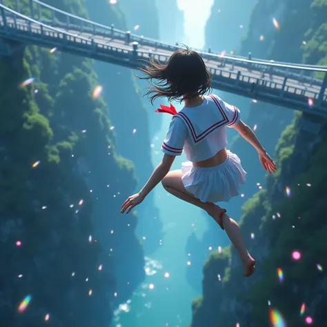 Haunting Live-Action, Extremely Detailed KAWAII JK Diving from Rainbow Bridge, Sparkling, LifeLike Rendering, MotionBlur, (XLabs F.1 Realism LoRA V1), White Sailor Uniform with Thongs, Red Ribbon Ponytail hair fluttering in the wind, Professional and outst...