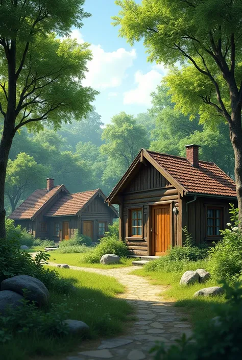  Realistic photo of several simple houses with wooden doors and windows, amidst trees  