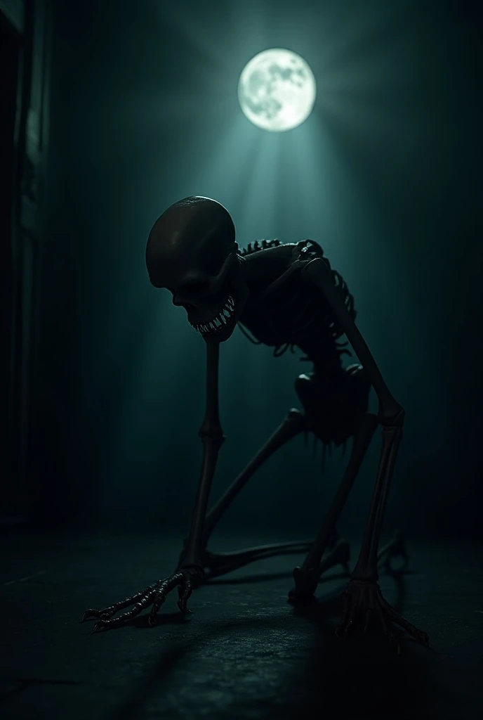 A dark room,  illuminated only by the faint light of the moon that comes through the window ,  revealing the silhouette of a creature crouching next to a bed .  The figure of Rake is skeletal ,  with pale skin and empty, creepy eyes that shine slightly in ...