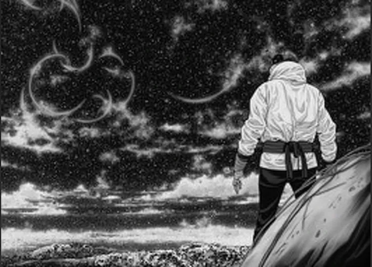 suit cette image, (((vue panoramique))), (((16k quality))), planche de manga, (((bush detaillé))), dessin shonen, introduction planète manga, es montagnes imposantes et des rivières luminescentes. Des structures futuristes apparaissent dans l’horizon et éc...