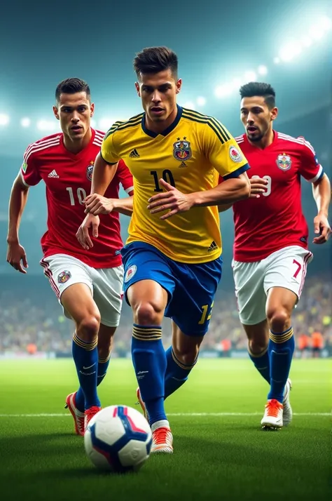 Create an image of James Rodríguez ,  Luis Díaz and Juan Quintero Colombian players 