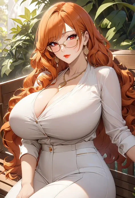 ((คุณภาพgoodที่สุด)), (( Masterpieces )), ( Details), Young woman, ( big breasts, Orange hair, Red eyes, ((My hair is very long., Long wavy hair)), (Bangs:1.3) , curve, large chest, huge breasts, Beautiful face, Beautiful skin , Long eyelashes, Thick eyela...