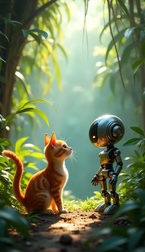 Cat and robot stand in jungle