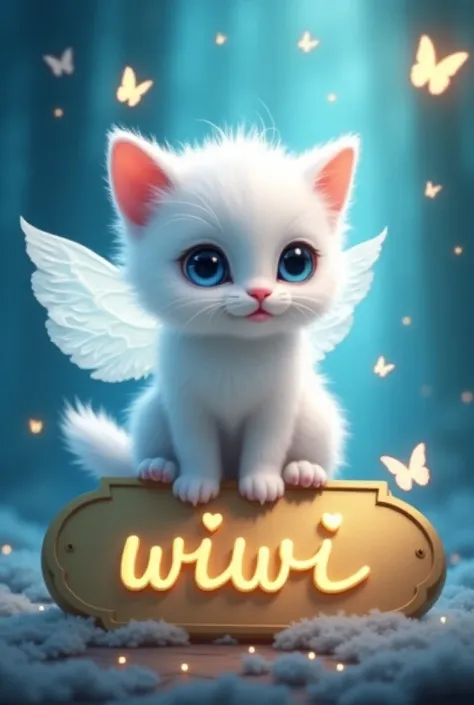  This picture features an animated illustration of a white kitten with big expressive blue eyes and soft plumage.  This kitten has small wings on its back ,  give the impression of an angel or fairy .  Around it are luminous butterflies and soft blue light...