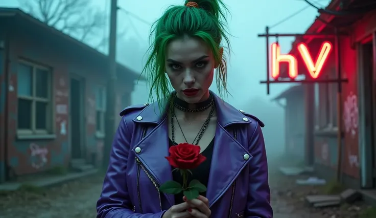 She stands in the middle of the abandoned ghost town, illuminated by the eerie glow of the moon filtering through the thick fog. Her presence is magnetic and intense. With one hand on her waist and the other holding a rose close to her chest, her Joker-ins...