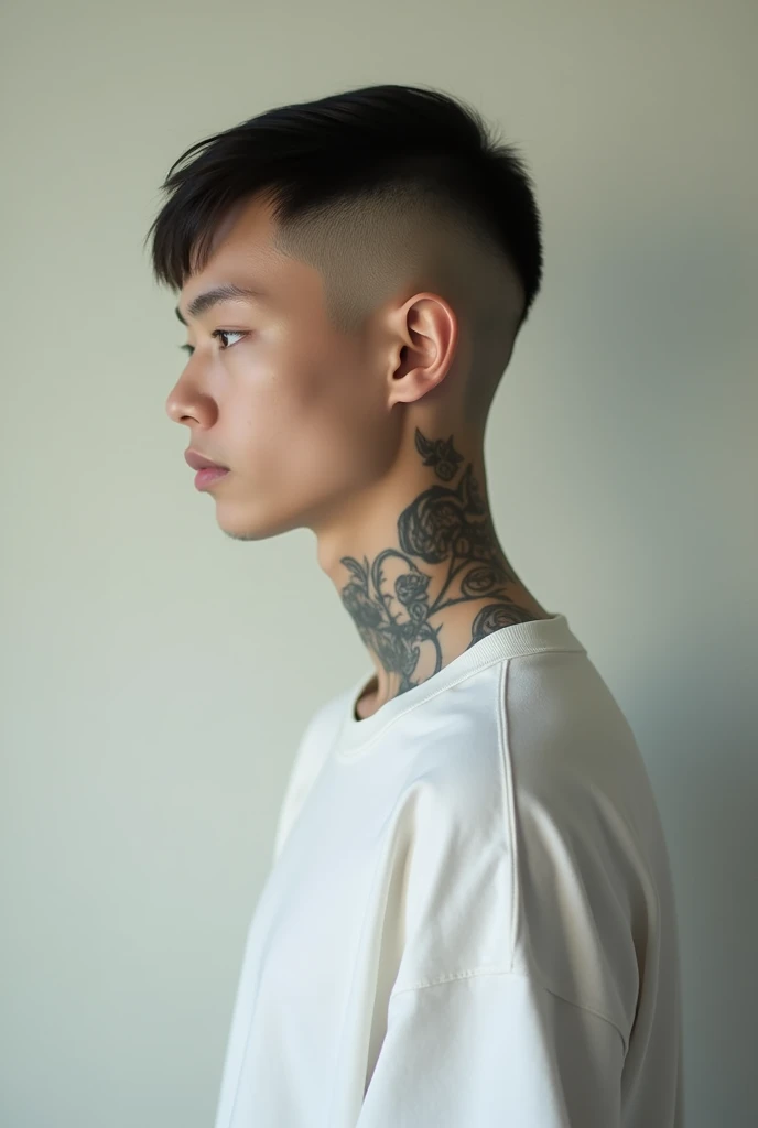 Profile view, highlighting the clean fade of his haircut and the relaxed fit of his oversized white t-shirt. Tattoos on neck and arm visible. Serious, calm expression, looking forward.