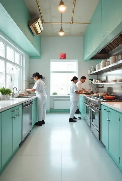 Restaurant area with identified emergency exit, with refrigeration and food storage and cleaning area in WHITE, pastel blue, mint and gold colors 