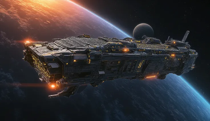 Sci-fi cinematic scene. Solar system cosmos background. The giant spaceship, long rectangular box shape body, perpendicular, Emblem, metallic mechanical ship bridge, golden runes and cybernectic line, Grimmdark, mechanical, Gothic, guns, turrets, (Ultra-re...