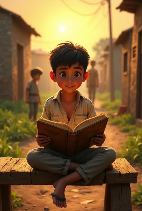 A young boy named Mohan, with a hopeful expression, is sitting on a wooden bench in a small rural village. He is reading an old, tattered book with full focus. The background shows a simple village with mud houses, a dirt path, and green fields. There’s a ...