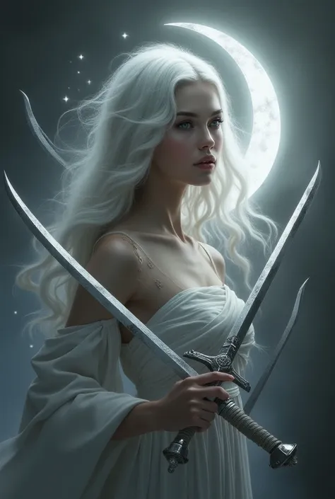 Create gray image of a beautiful woman with silver swords around her and a crescent in the background that says lunita 