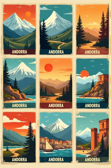 "Create a set of modern style travel posters Andorra, each designed in a 4x6 inch format. Each poster should feature iconic landmarks, wildlife, or cultural elements unique to the country, with a nostalgic, retro aesthetic inspired by mid-20th-century trav...