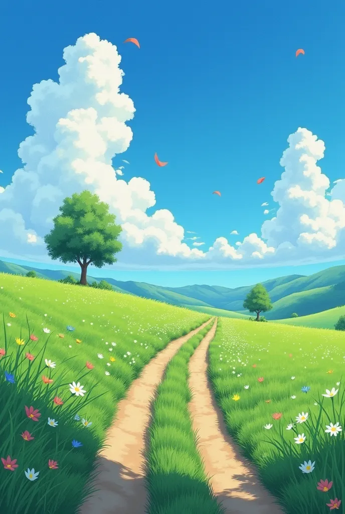 actual , true, beautiful and amazing landscape oil painting studio ghibli hayao miyazaki flower petals grass blue sky grassland ...