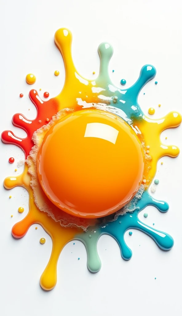 A close-up of a bright, golden egg yolk glistening against a vibrant white, set on a background of playful, colorful splashes