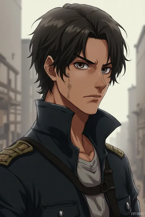  Make a fictional male character ATTACK ON TITAN STYLE,  athletic size and dark brown hair ,  wavy and short on the sides .  His intense eyes and serious expression reflect a traumatic past. The face is square ,  with marked jaw and discreet scars . He wea...