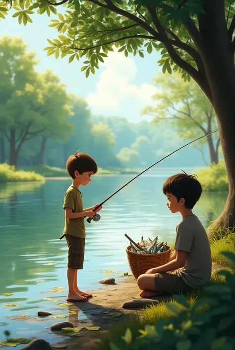 A boy is standing on the bank of a river catching fish and there are many fish in his basket and his friends are also sitting beside him.