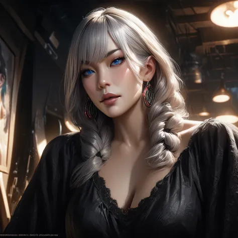 A beautiful girl with white hair, detailed facial features, wearing a black night gown, with twin hair braids, blue eyes, in a bedroom setting from the anime Jujutsu Kaisen, 1girl, detailed facial features, beautiful detailed eyes, beautiful detailed lips,...