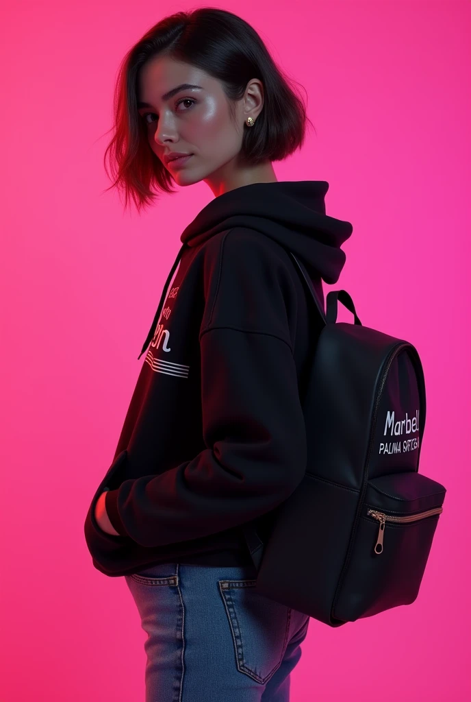 Back-back woman with short shoulder-length hair wearing black jeans and hoodie
 color pink with black backpack and written on the backpack 
MARIBEL PALMA ORTEGA 