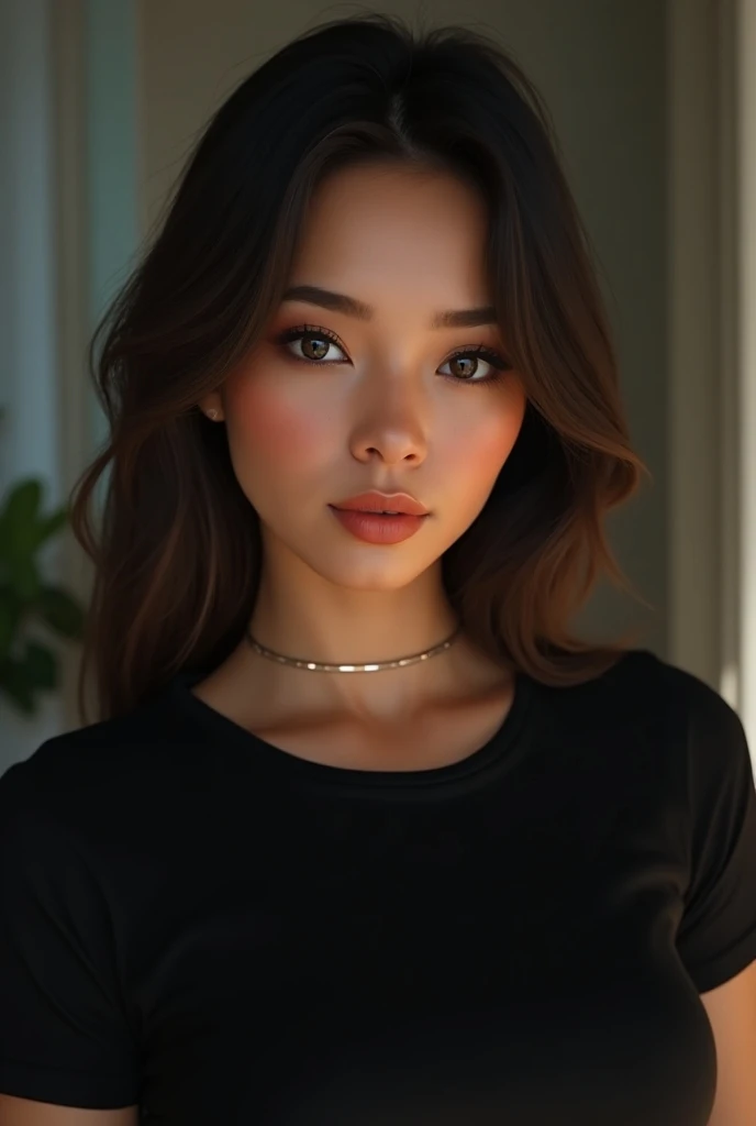 realistic woman wearing plain black unisex t-shirt,full body view,detailed facial features,beautiful detailed eyes,beautiful detailed lips,extremely detailed eyes and face,long eyelashes,calm expression,natural lighting,photorealistic,high quality,8k,ultra...