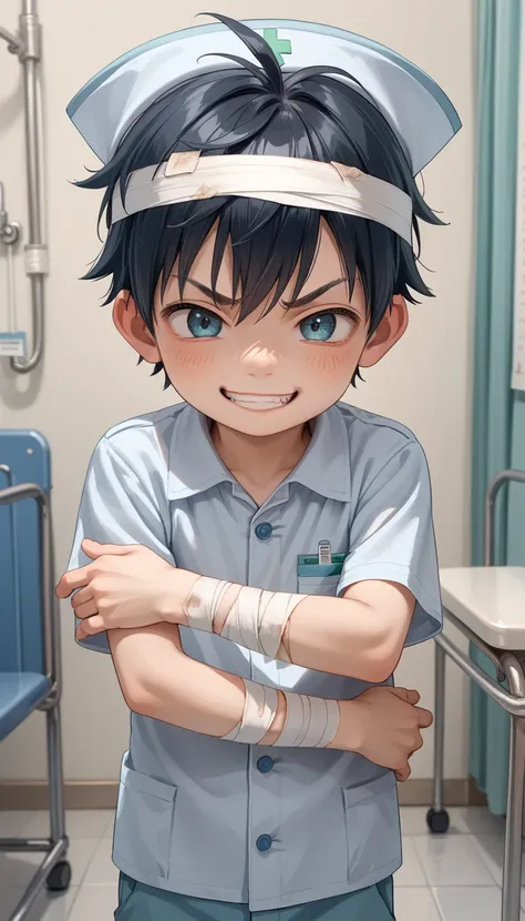 score_9, score_8_up, score_7_up,source_anime, JK, 1 small shota boy in hospital with bandages on his arm, cute , smirking, evil look on his eyes , 3d rendering ,
