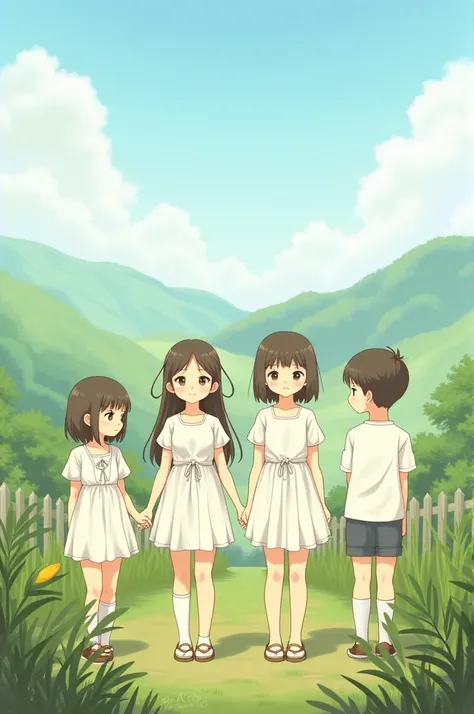 Girls standing in middle with boy on each side