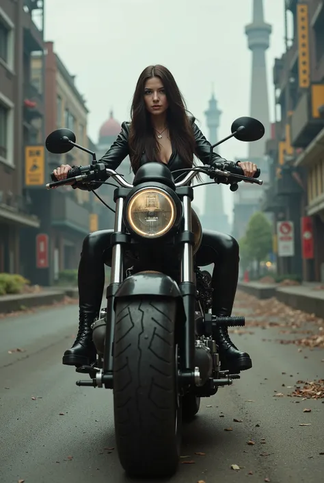 female vampire, with very long dark hair, dressed in black leather, cyberpunk style, riding a large motorcycle against a steampunk city background, photorealistic