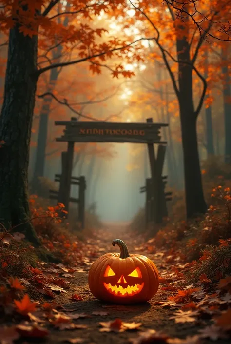  A forest in autumn, com uma placa escrito Storybrooke. And pumpkin on the ground  
