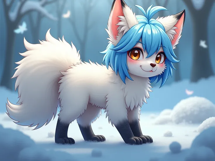 Fluffy, Male, wild, ((wild)), adult, Fox, weißes Body fur, Blue Hair, detailliertes Body fur,  Detailed description ,  detailed face ,  detailed eyes , glittering body,  shiny body , multiple cocks, multiple cocks, Alone, Body fur, ( best quality), Heaven ...